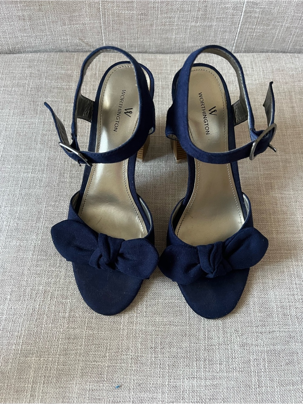 Worthington Navy Bow Coquette dressy occasion ankle strap block Heels, size 7.5